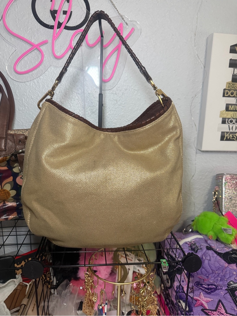 Michael Michael Kors Gold Metallic Canvas Hobo Bag Brown Whipstitch Leather Trim - Picture 3 of 14